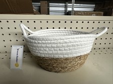 Woven Basket with Handles   White  Natural Rope Storage Organizer Bin
