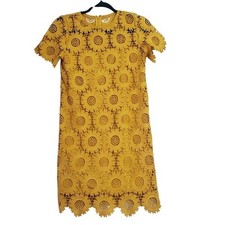 Loft Mustard Yellow Sunflower Floral Lace Short Sleeve Dress Feminine Summer