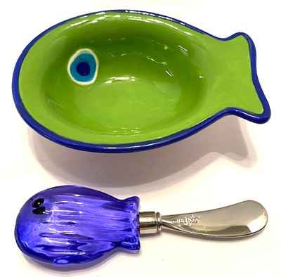 Go Fish Mudpie Green Fish Style Dip/Cheese Bowl &Purple Glass Fish Spreader Set