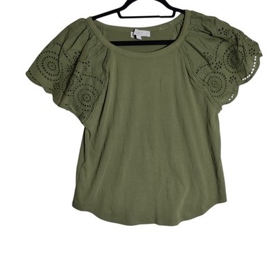 LOFT Olive Green Eyelet Flutter Sleeve Rib Knit Top Large CA57421 RN140923
