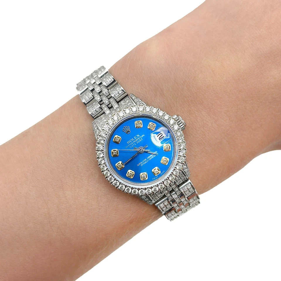 Reloj Rolex Datejust 26 mm pavé de diamantes banda de jubileo bisel de diamantes esfera azul cielo Foto 2 de 4