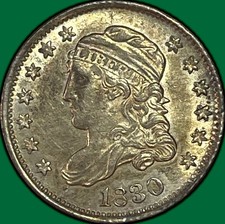 1830 Capped Bust Half Dime Choice Almost Uncirculated AU+ Coin, Golden Toning