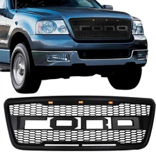 Grill For 2004-2008 Ford F150 Raptor Style Bumper Grille Hood w/ LED Matte Black