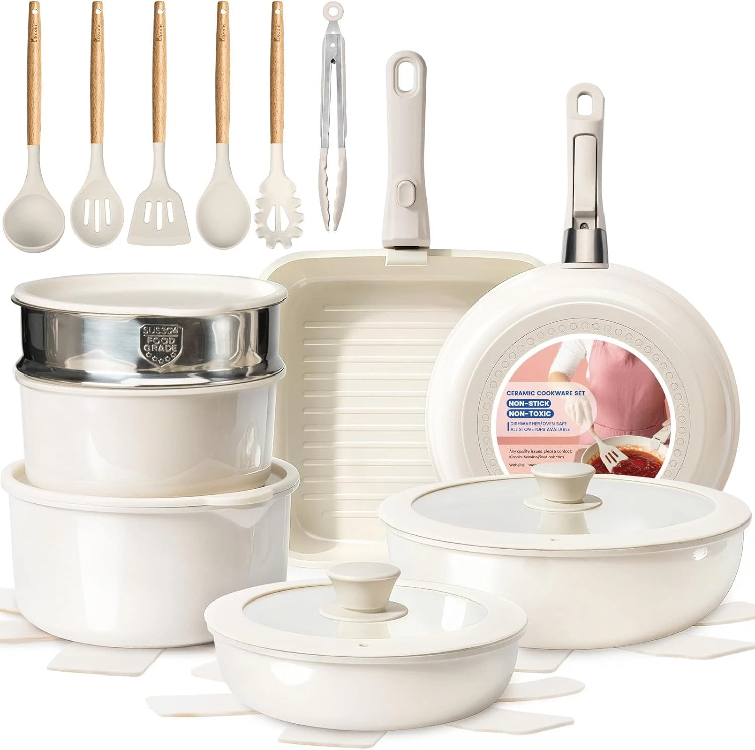 Ceramic Nonstick Pots & Pans Set Cookware Set W/ Detachable Handle 25 Pack