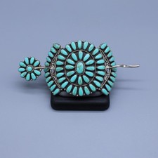 Signed Sterling Silver Petit Point Block Turquoise Hair Barrette