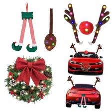 Car Reindeer Antlers Kit with Lighted Christmas Wreath Santa Legs Nose Color 2