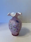 FENTON VASE CASED LAVENDER W/STICKER AND HP FLOWERS & BUTTERFLY BY J. POWELL