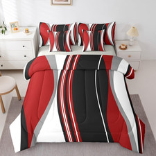 Red and Black Striped Queen Comforter Set for Adult Women Men Grey Modern Abstra