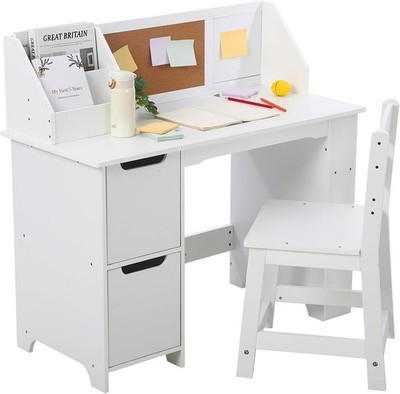 Kids Study Desk And Chair Set Learning Table with Bookshelf and Bulletin Board