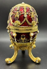 Music Box Pearl Rhinestone Enamel Metal Egg Trinket Box 5.75" x 4” by Sankyo