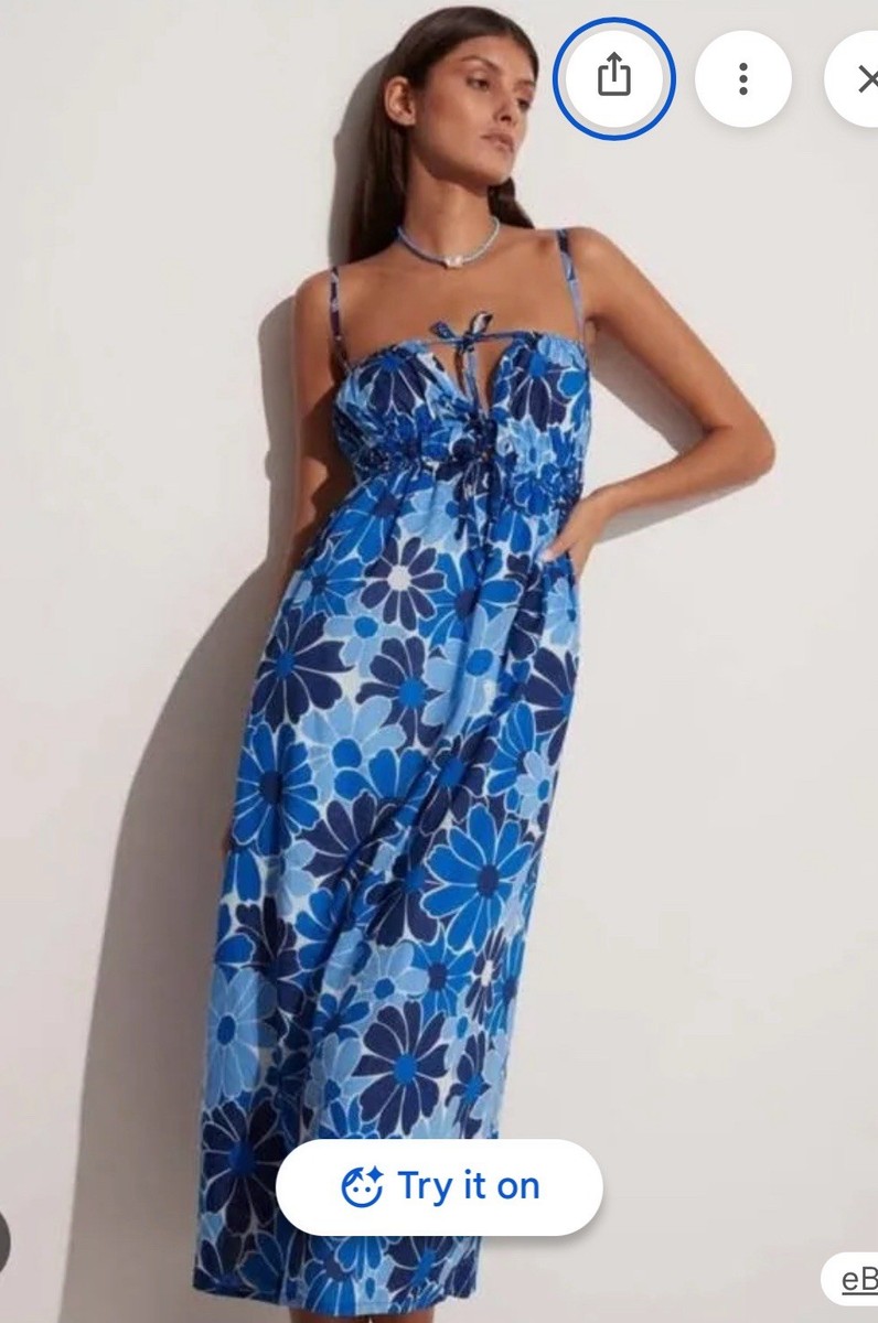 Faithfull The Brand Adalyn Midi Dress Floral Blue Rayon Tie Smocked Size M Faithfull The Brand Adalyn Midi Dress Floral Blue Rayon Tie Smocked Size M