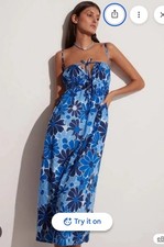 Faithfull The Brand Adalyn Midi Dress Floral Blue Rayon Tie Smocked Size M