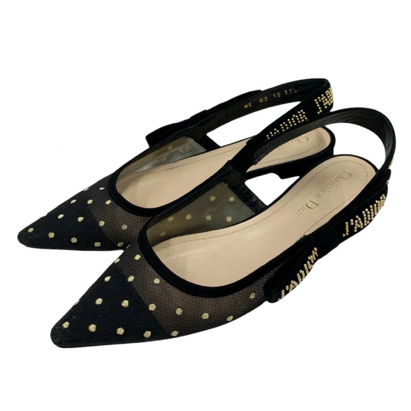Christian Dior J'Adior Slingback Flat Black Mesh Polka Dot US7.5
