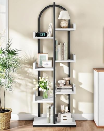 Corner Bookshelf, Curved 6-Tier Bookcase with Anti-Tip Kit, White and Black