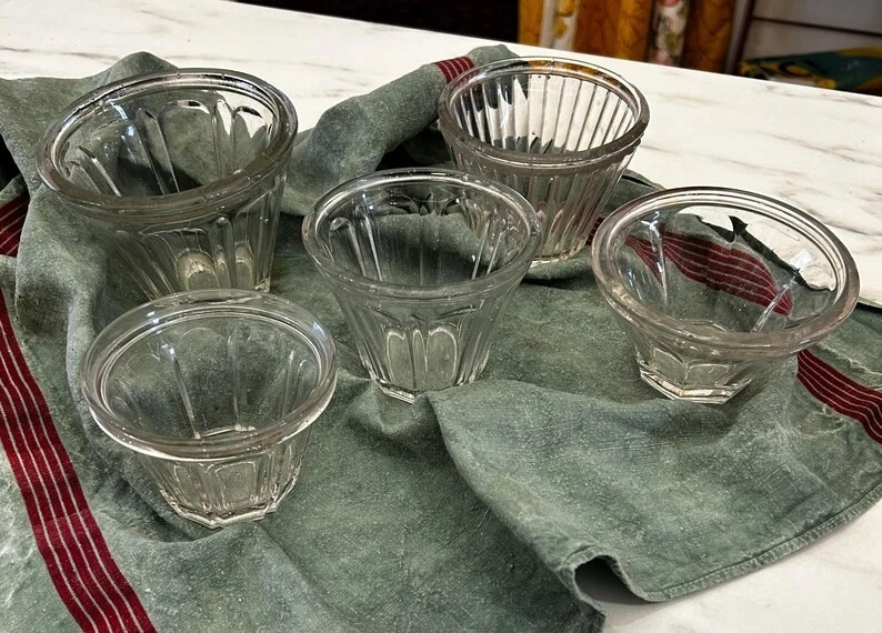 5 Vintage French Jelly Jars Tapering Sides Faceted Glass for 'Confiture'