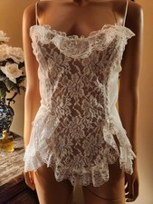 Vtg Sz M Silky Bridal White Corset Style Babydoll Nighty Feminine Ruffles Lace