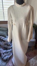 Vintage 1960s Ivory Jacquard Wedding bridal Gown beaded Lace bell sleeves Dress