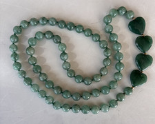 Knotted Aventurite Bead Necklace with 4 Jade Hearts & 14K spacers. 31”