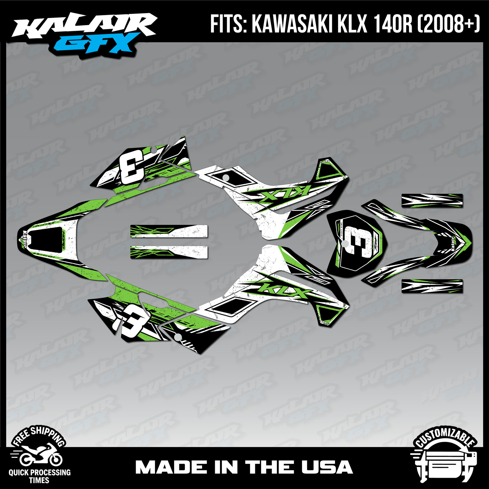 Kalair GFX Graphics Kit for KLX140 2008-2018 and KLX140R 2019+ Guard-GREEN-SHIFT