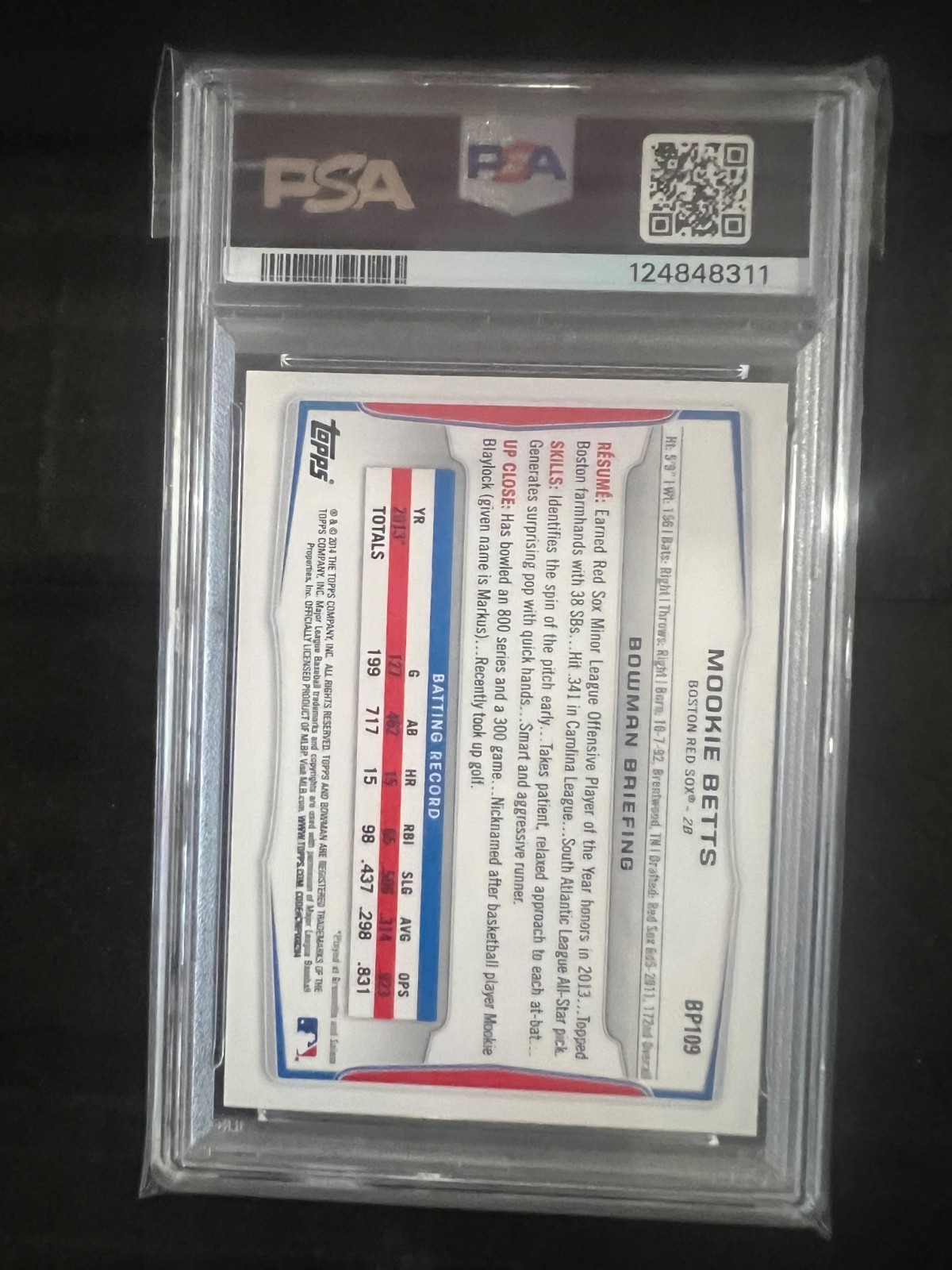 2014 Bowman Prospects Chrome Mookie Betts #BCP109 RC Rookie PSA 9 Baseball Card view 2