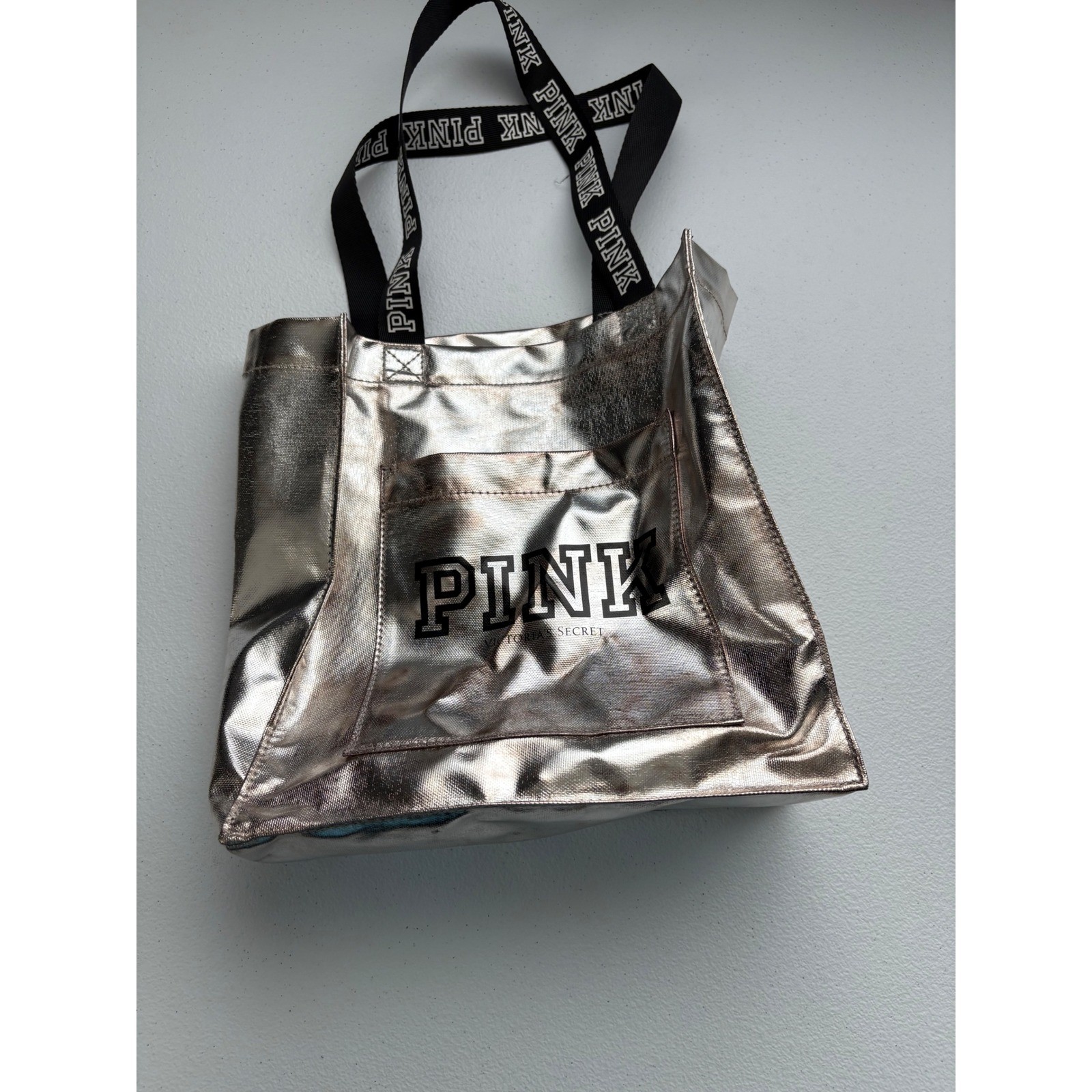 PINK Victoria's Secret Silver Metallic Tote Bag with Black Straps