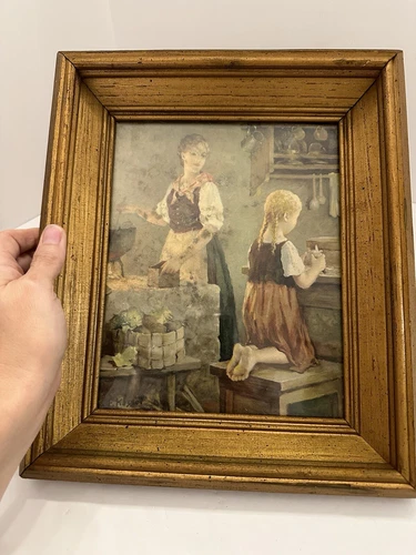 Antique VTG Gold Gilt Framed Picture Of “Little Helper” By Kassell 12.5X11