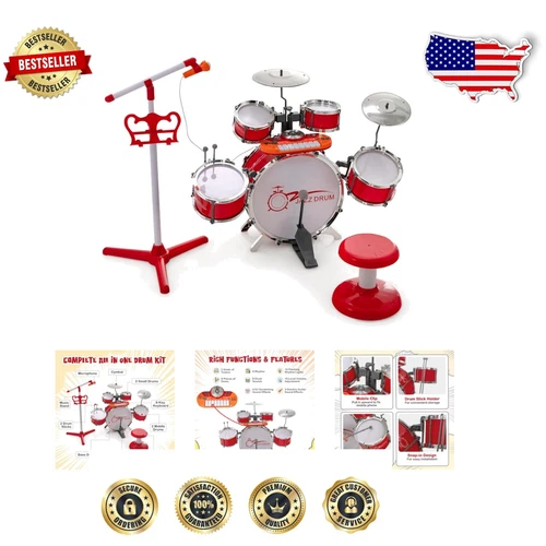 Complete Music Set for Kids: Drum Set, DJ Keyboard & Adjustable Microphone Stand