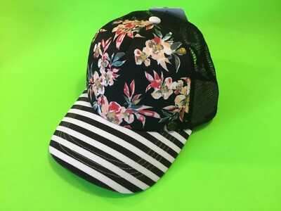 ROXY Women s Snapback Hat ONE SIZE Black/White w/Flowers, w/Mesh NEW