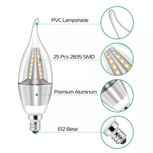 4Pcs LED Candelabra Bulb 5W 50W Replacement E12 Base 110V 3000K -6500K Warm/Cold - Picture 5 of 10