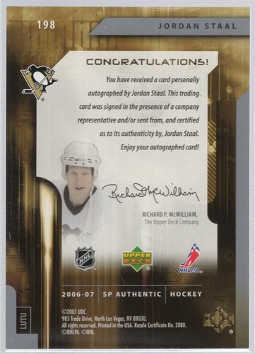 * 2006-07 SP Authentic (Future Watch) #198 - JORDAN STAAL (926/999) - Picture 2 of 2