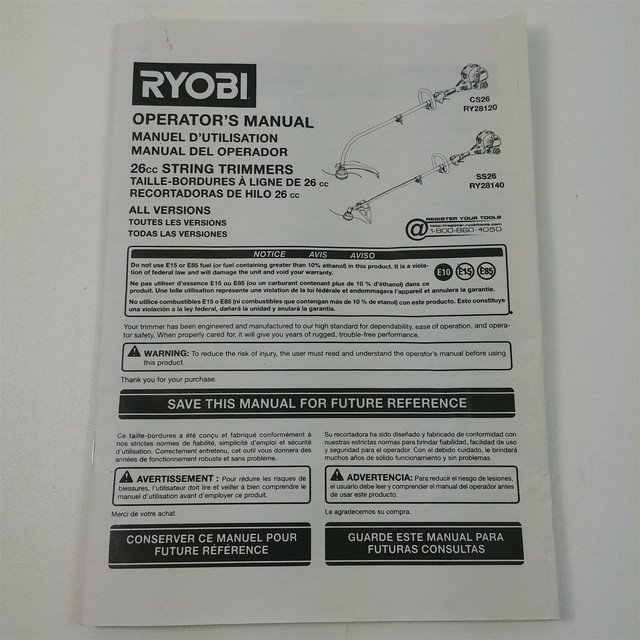 Ryobi 26cc Trim Trimmers CS26 SS26 Replacement Operators Manual Booklet
