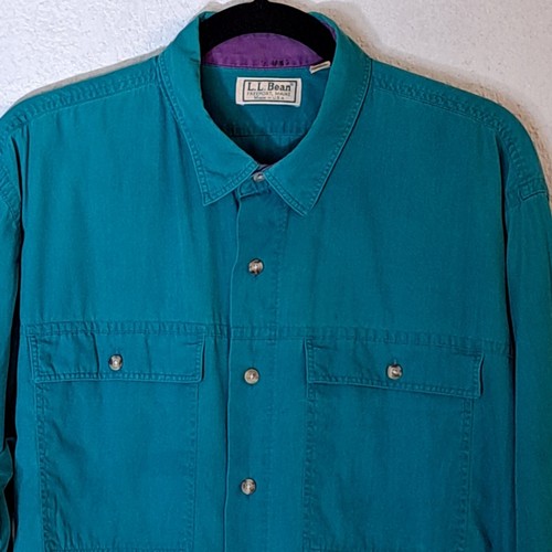 Vintage LL Bean Shirt Men's XL 90s Turquoise Blue Long Sleeve USA Made Pockets - Picture 2 of 7
