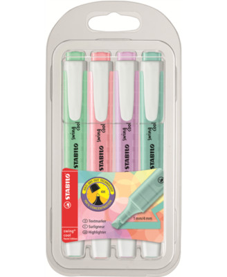 STABILO swing cool Pastellfarbener Textmarker - 4 Stück, Grün/Rouge/Lila/Türkis
