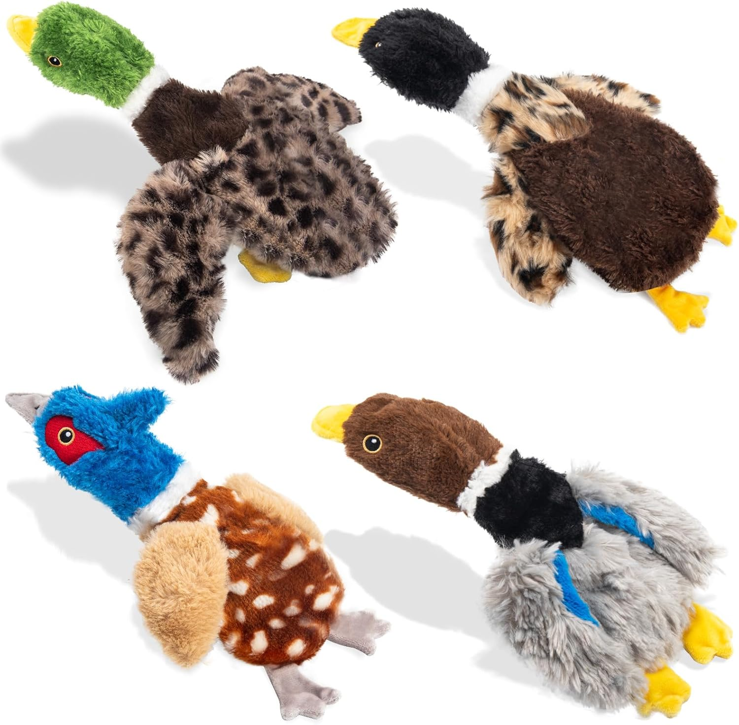Dog Squeaky Toy Set 4-Pack Durable Plush Duck Pheasant Goose Small Medium Dogs