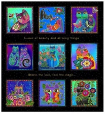 Cats 6-Square Panel w/ Gold on Black  Cotton - Fantasticats by Laurel Burch