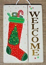Primitive WELCOME Christmas Tree STOCKING SIGN Wall Door Plaque Holiday Decor