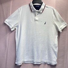 Nautica Classic Fit Short Sleeve Dual Tipped Collar Polo Shirt Men Medium White