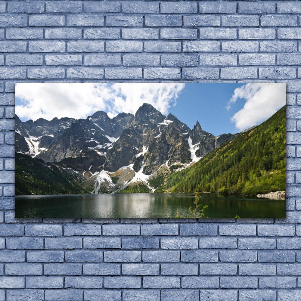 Tableau nature sous verre 140x70 de style chalet moderne avec forêt et lac