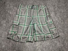 OP Swim Trunks Mens Large Gray Green Plaid Cargo Drawstring Mesh Lined