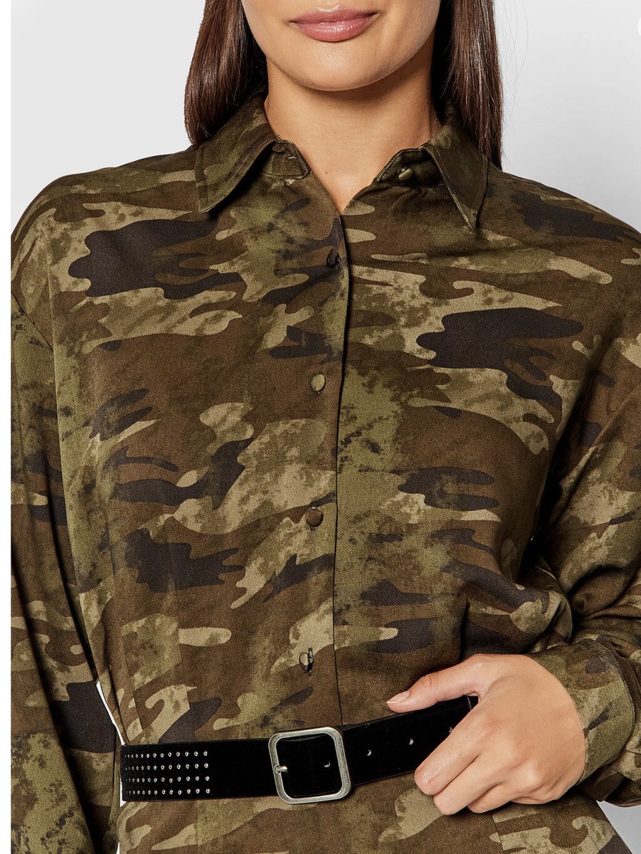 Guess Women’s Dominique Shirt Dress Long Sleeves Green Camo With Belt Size  XS