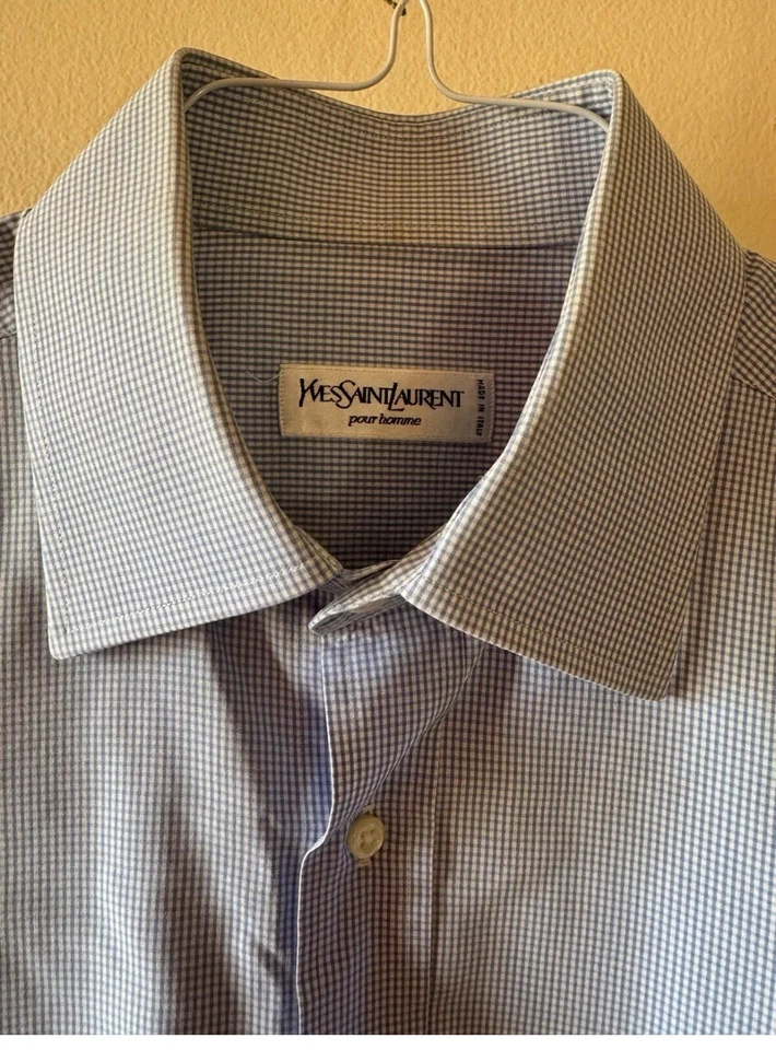 Camisa Yves Saint Laurent YSL Para Hombre Azul Manga Larga Con Botones 16.5 Diseñador Foto 3 de 4
