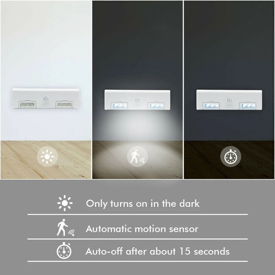 Battery Operated 6 LED PIR Motion Sensor Cabinet Light Closet Night Lamp Bar 90° - Image 2 of 4