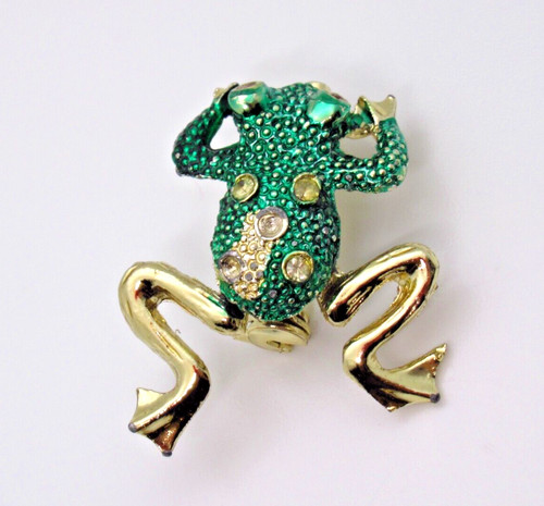 Frog Pin Green Gold-Tone Lapel with Moving Legs Figural Design Vintage Wear