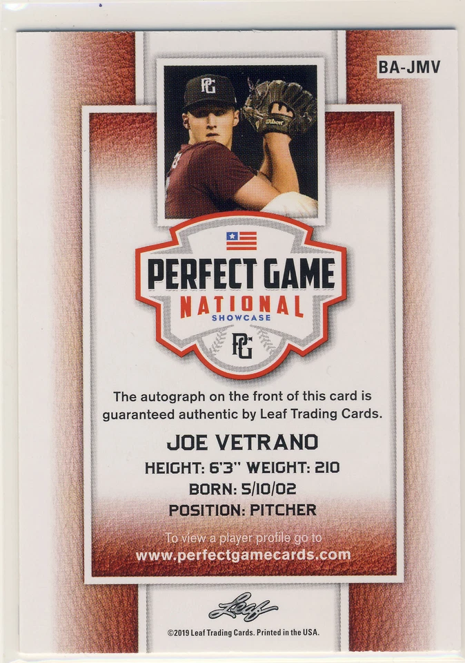 JOE VETRANO 2019 Leaf Perfect Game PG National Showcase Blue AUTO /15 DODGERS - Image 2 of 2