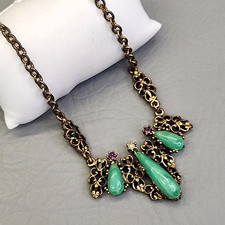 Vintage Necklace Green Bead Gold Tone Filigree Victorian Revival Choker 15.75"