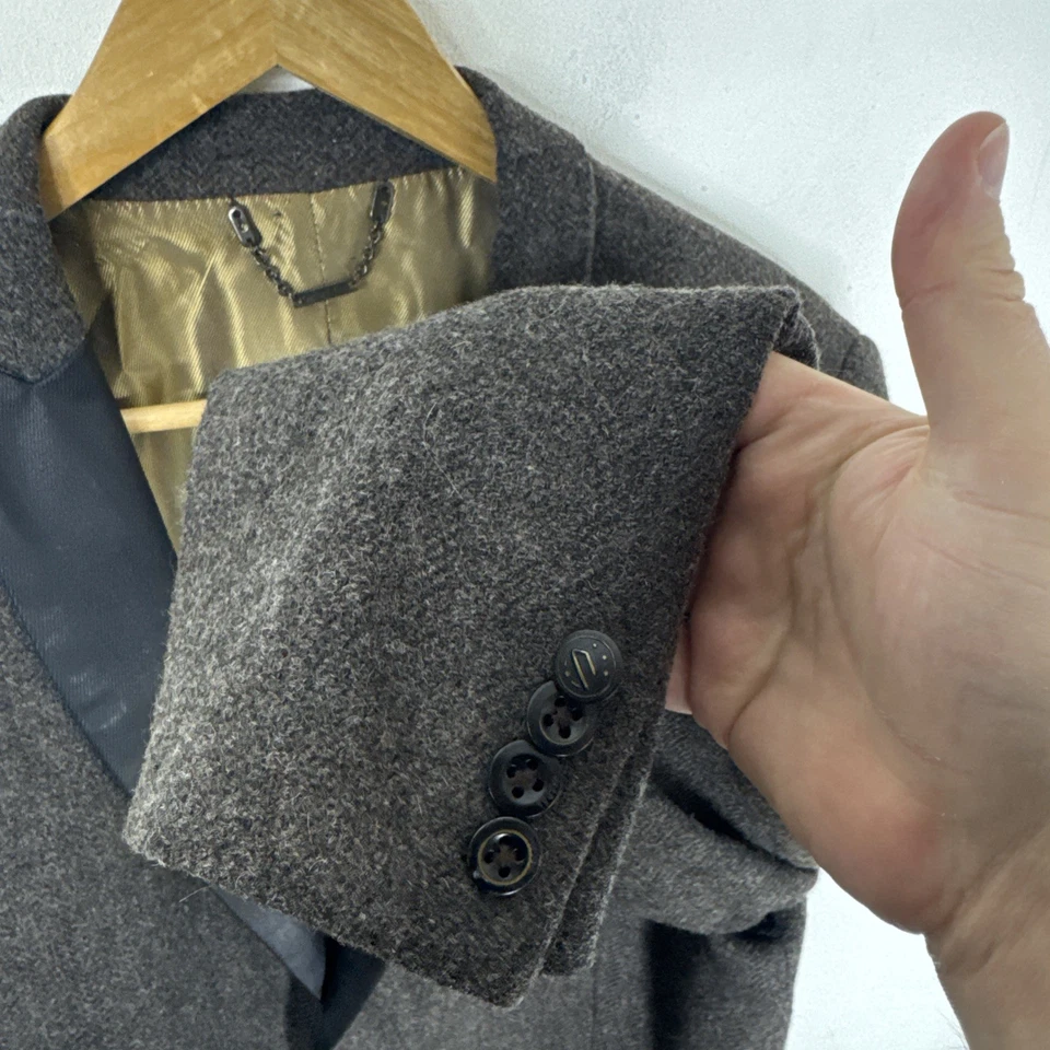 Diesel Wool Tweed Blazer Men L Brown Herringbone Leather Trim Gold Lining - Image 2 of 4