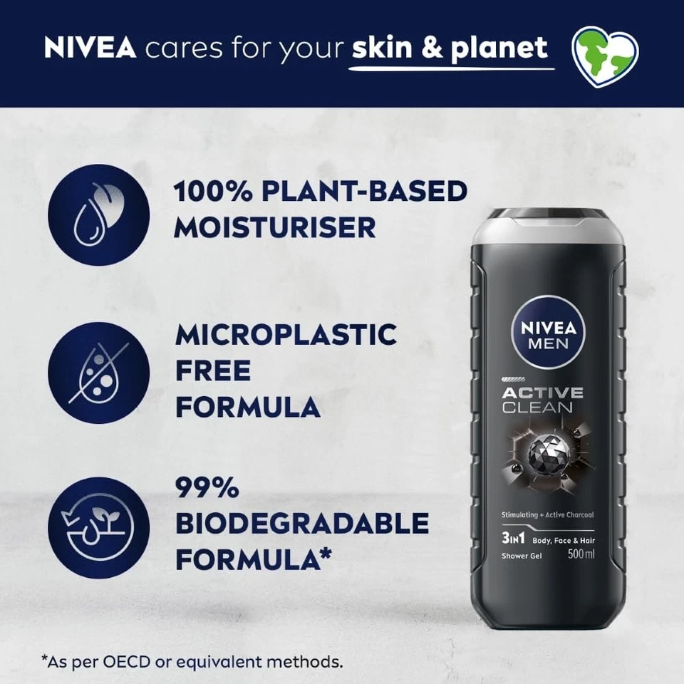 3x  NIVEA MEN Active Clean Shower Gel 500ml |  Natural Charcoal | Deep Cleansing - image 3 of 4
