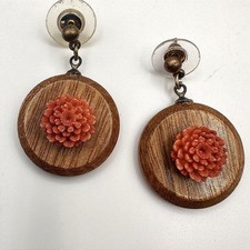 Vintage 80s Boho Wooden Dangle Earrings Pink Floral Resin Women's Jewelry