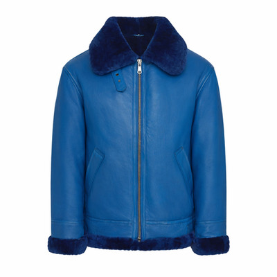 Men s Blue Leather Shearling Jacket Fur Collar Winter Coat Warm Genuine Leathe