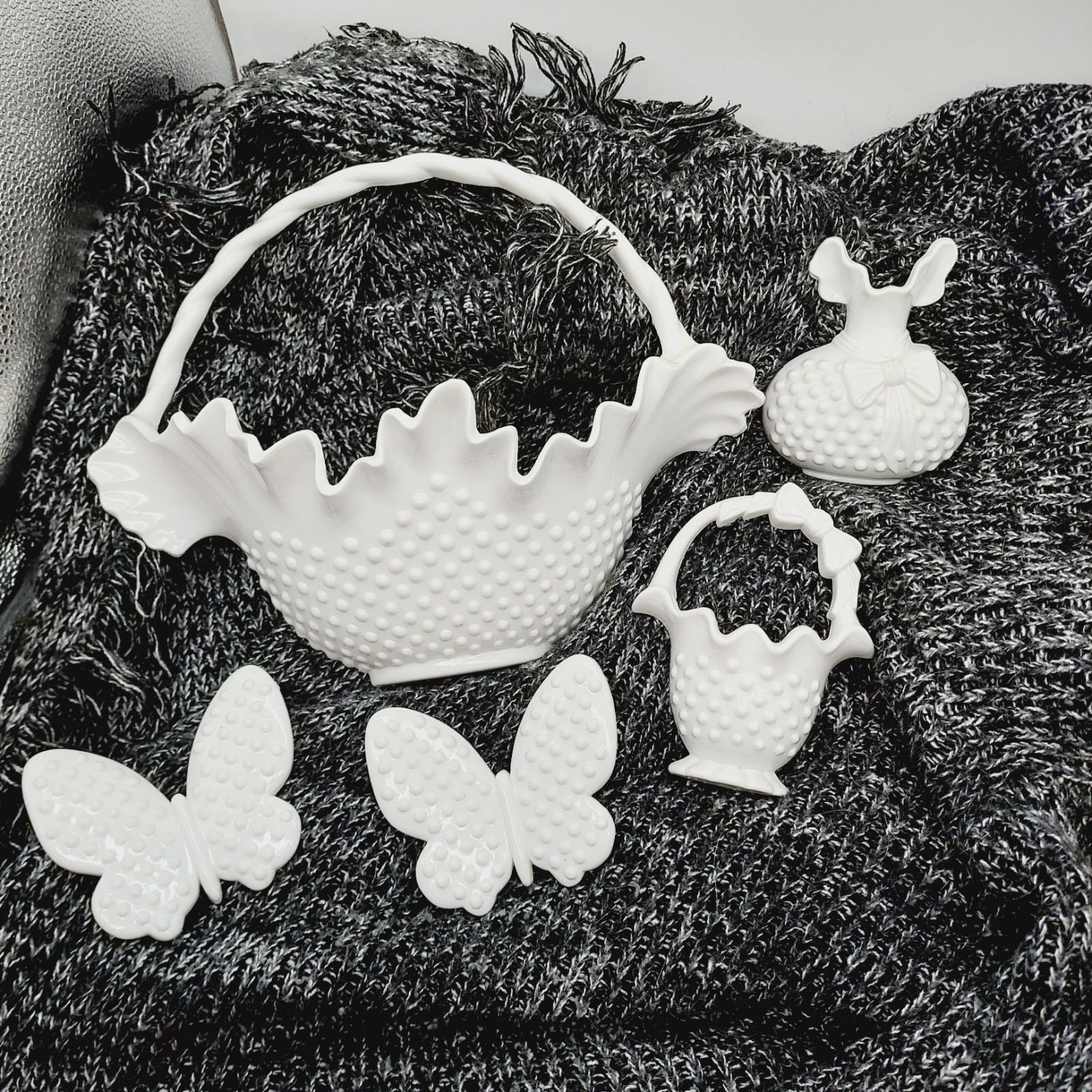Burwood White Hobnail Wall Decor Vase Butterflies Basket Set Of 5